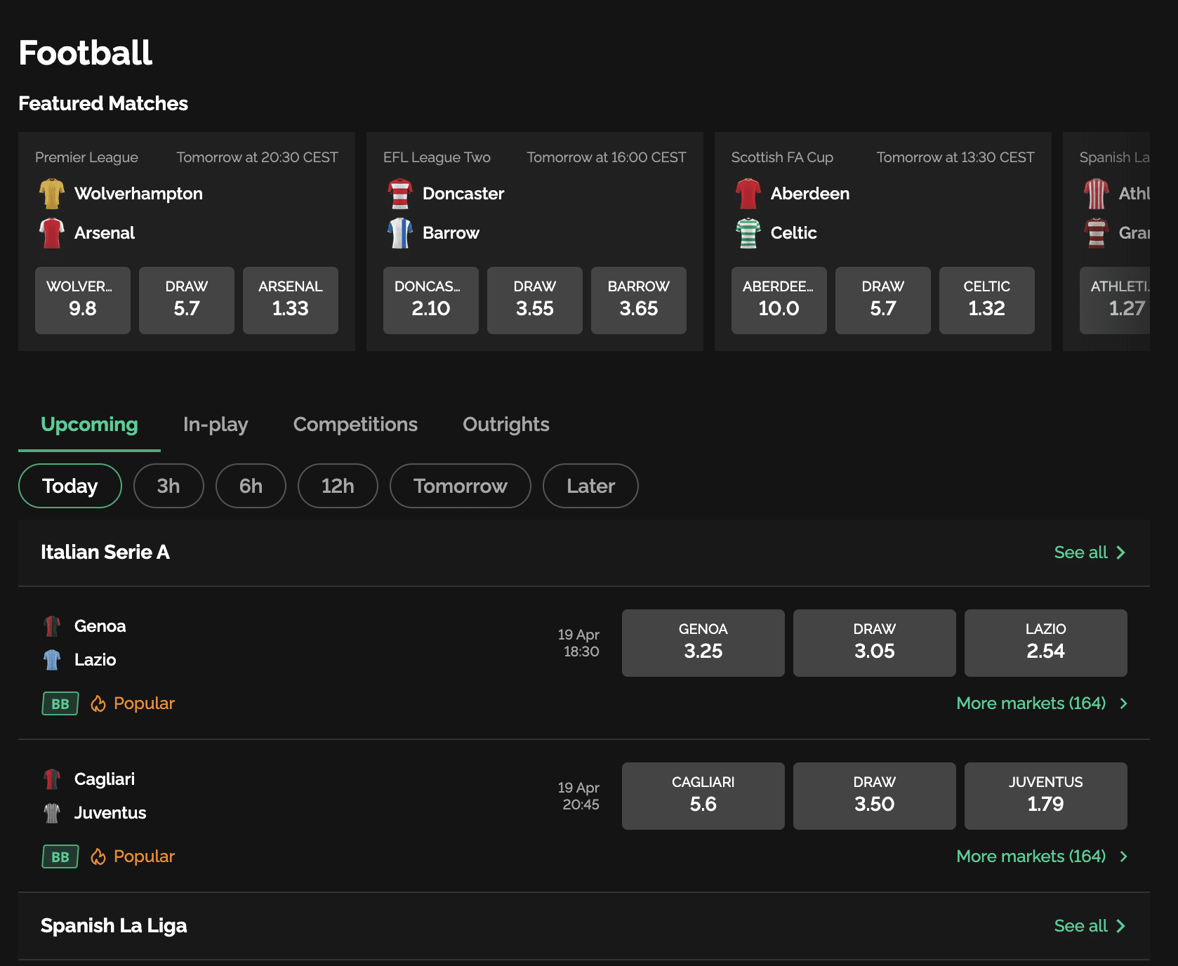 SBK football betting markets