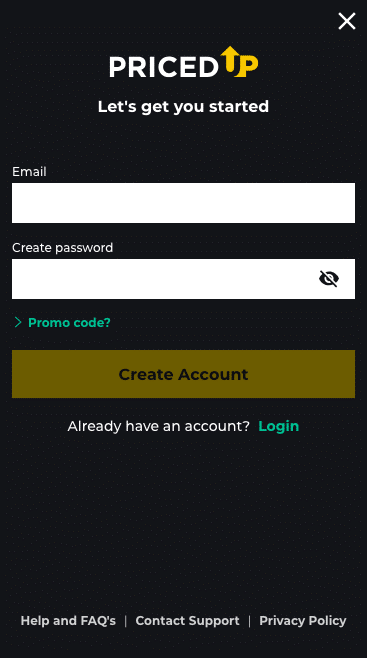 Image of the sign up process at Priced Up Bet