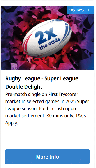 Betfred offer for existing customers - if your selected player scores the first try and then goes on to score a second, your odds will be doubled