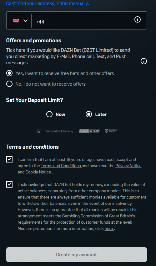 Entering DAZN Bet Promo Code during registration to claim bonuses