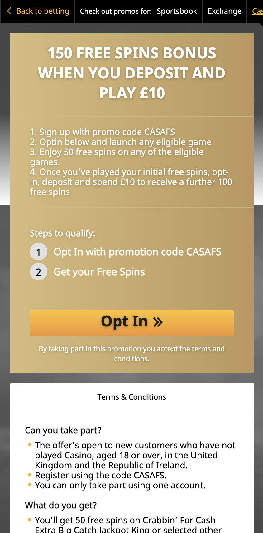 Betfair casino welcome offer