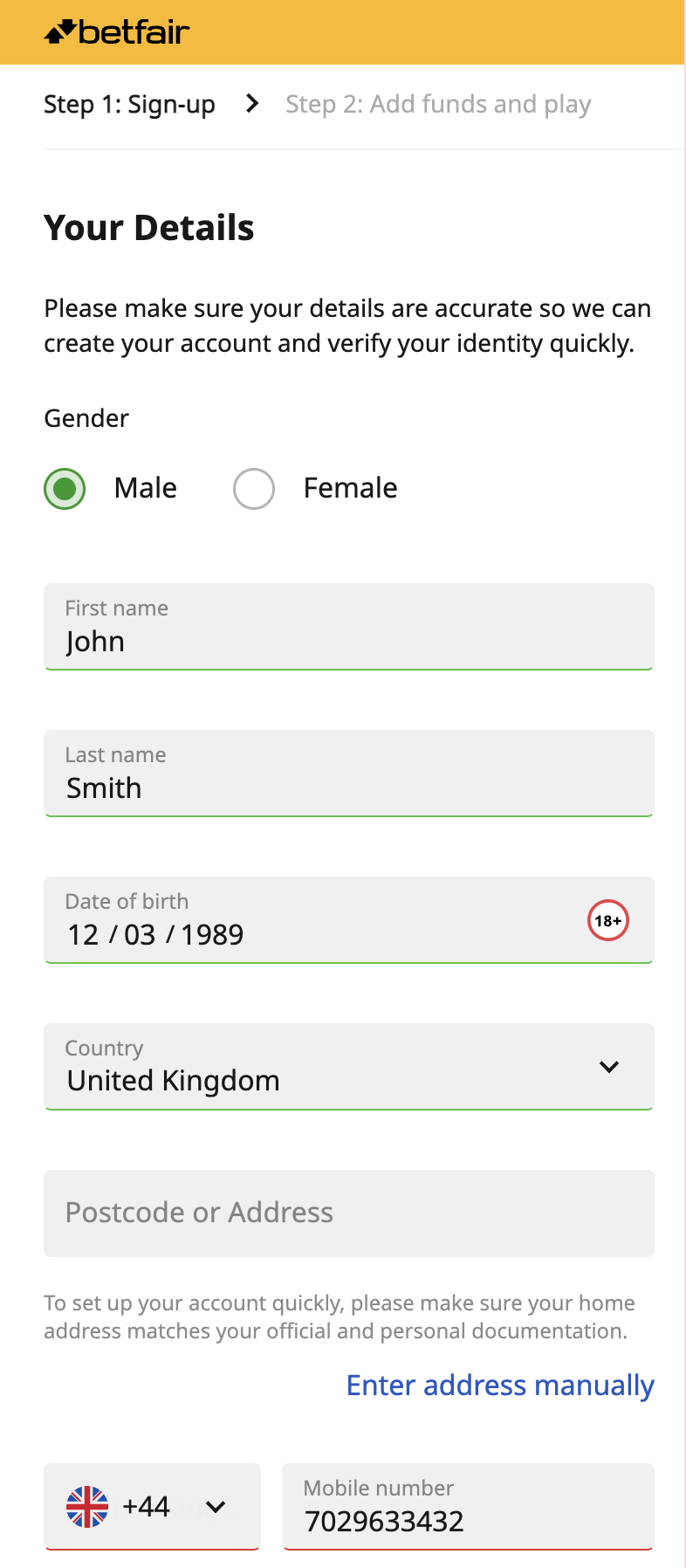 Betfair registration