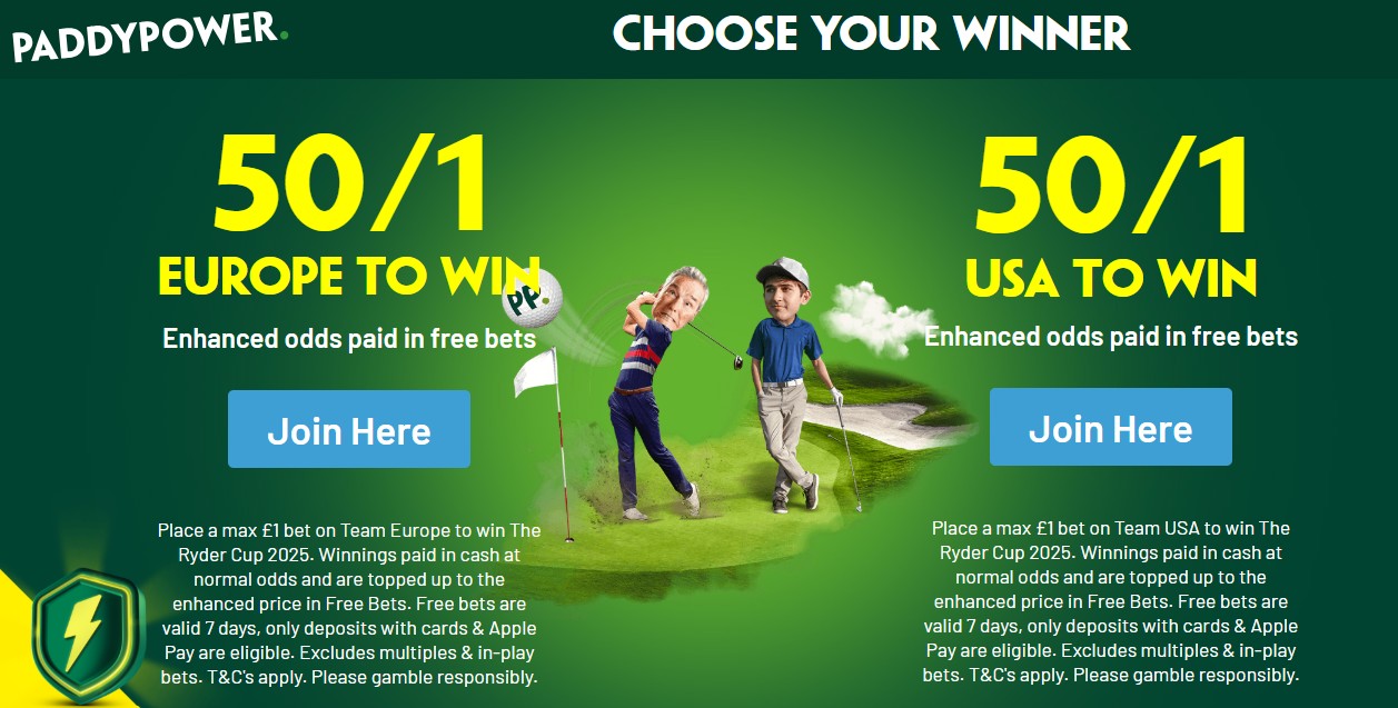 Paddy Power new customer offer: Claim 50/1 boosted odds on Europe to win the Ryder Cup