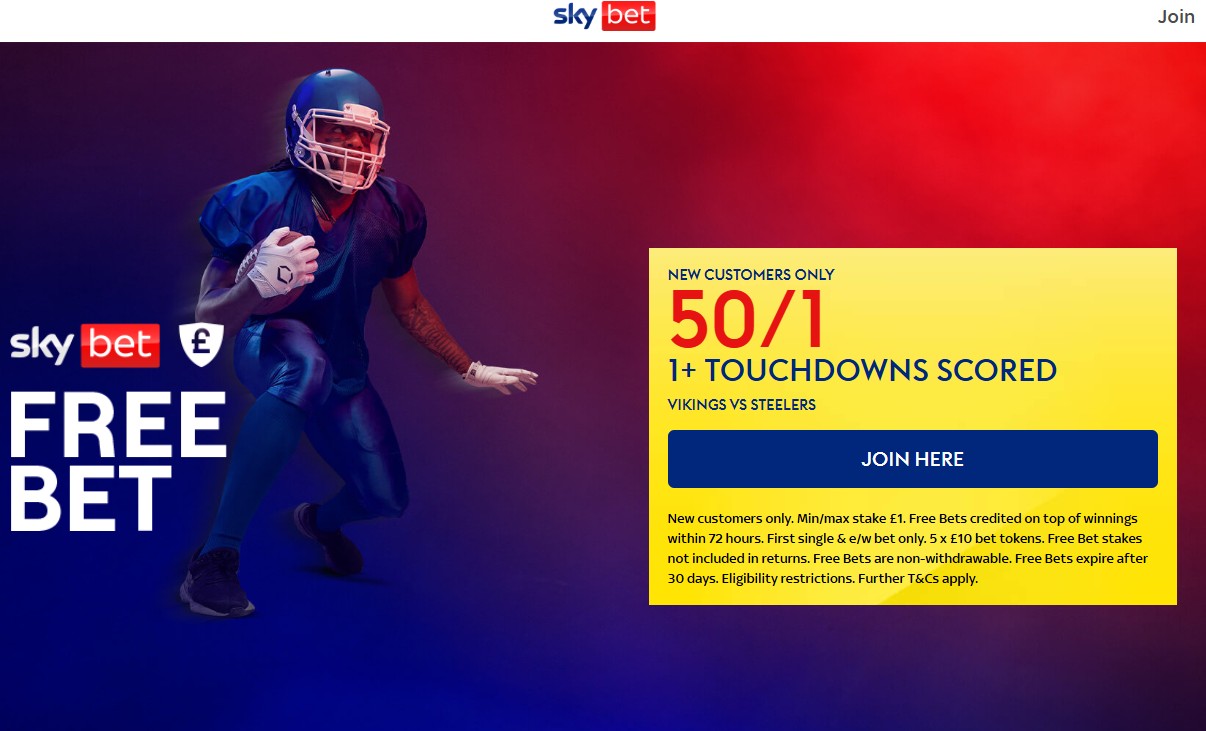 Sky Bet sign up offer: Get 50/1 on Vikings vs Steelers NFL clash