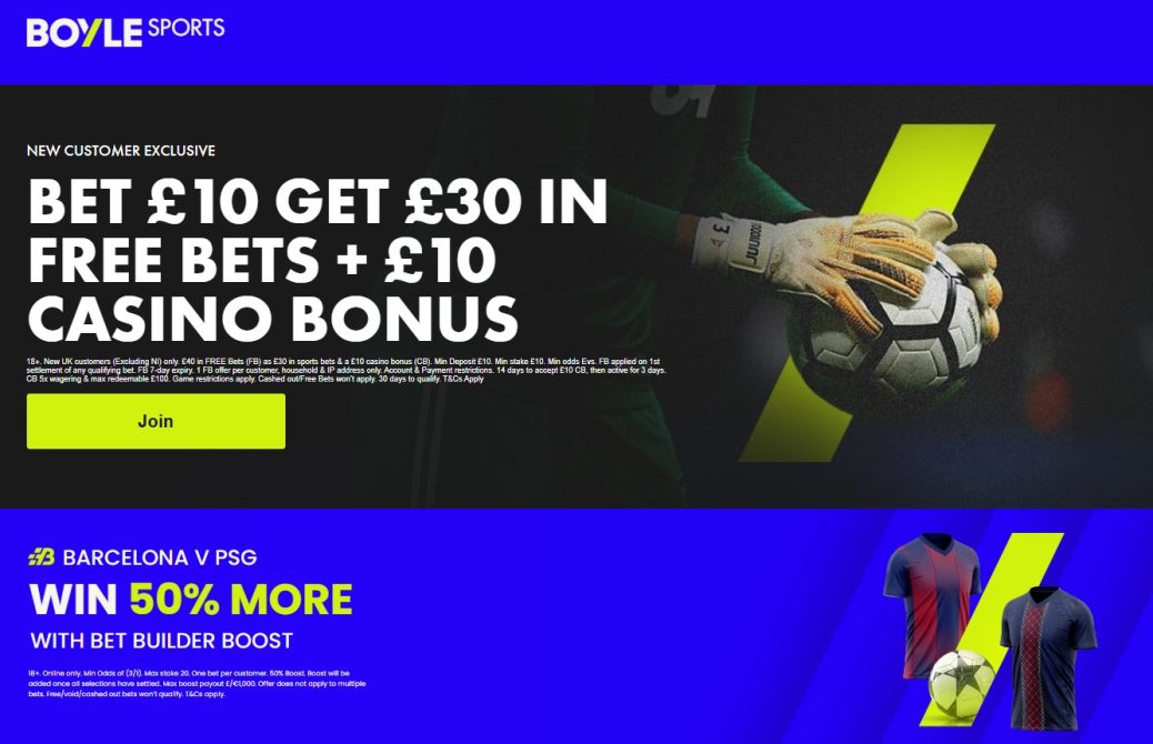 Boylesports welcome offer: Barcelona vs PSG - Get £40 Free Bets + 50% Bet Builder Boost