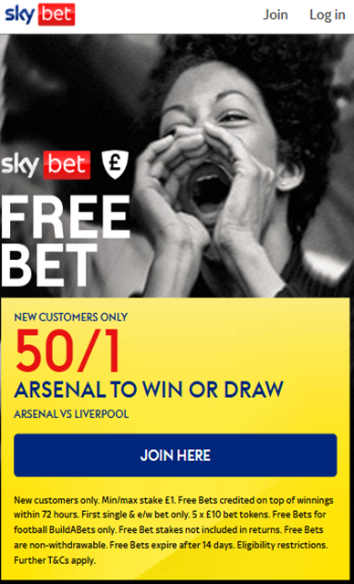 Skybet promo offer for Arsenal vs Liverpool