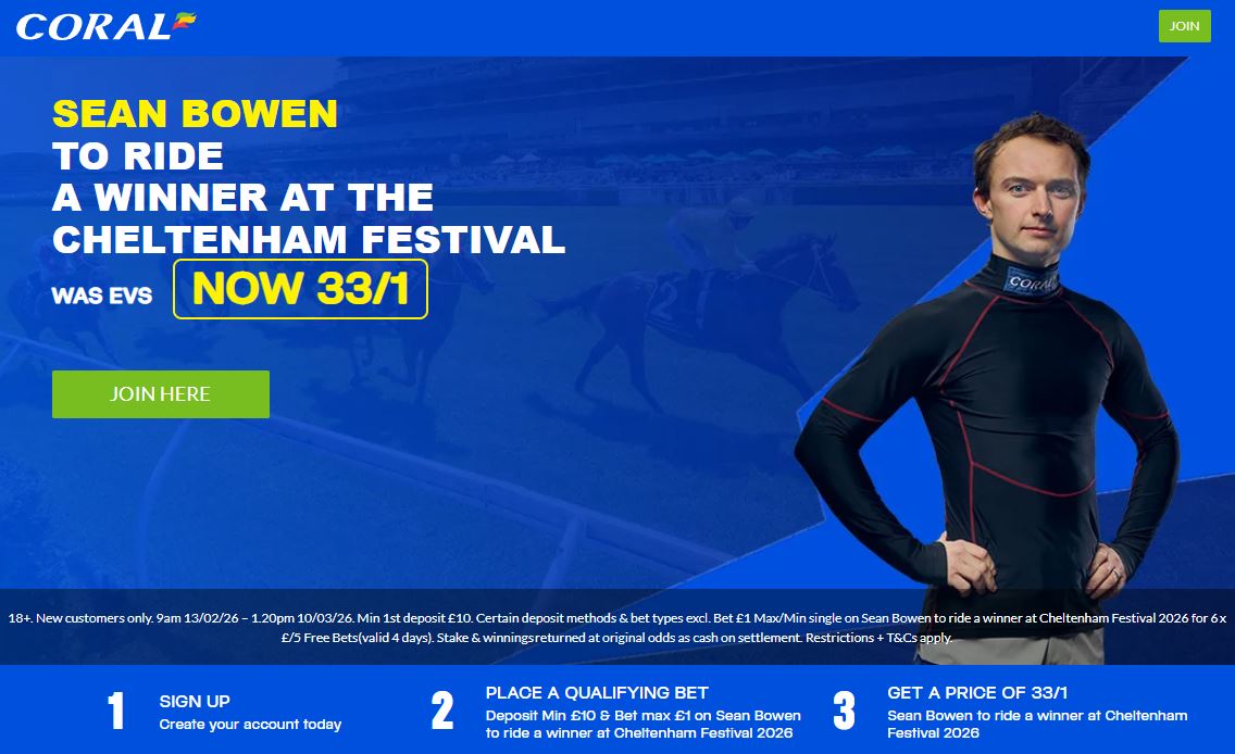 Coral Cheltenham 2026 offer: Get 33/1 on Sean Bowen to ride a winner at the festival!