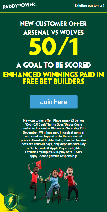 Arsenal vs Wolves Paddy Power promo offer