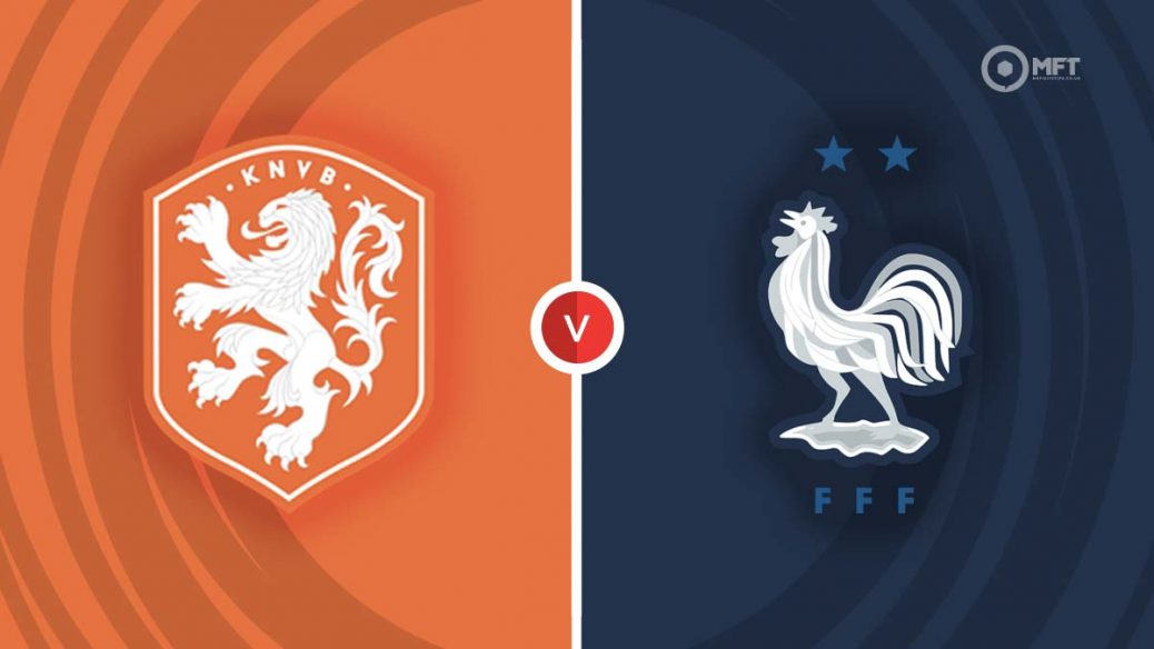  The image shows a match preview of the Netherlands vs France Euro 2024 match with the Netherlands badge on the left and the France badge on the right.