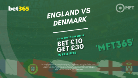 bet365 Euro Offer: Use bonus code ‘MFT365' for £30 on the Denmark vs England match