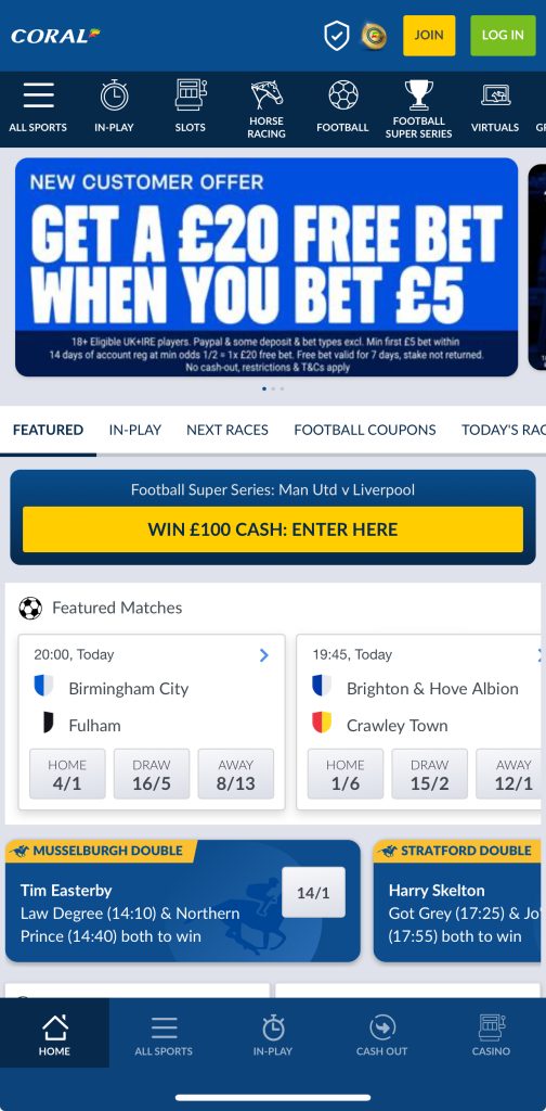 Coral £20 free bet