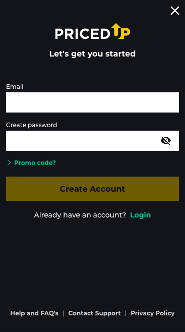 Image of the sign up process at Priced Up Bet