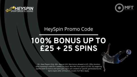 HeySpin Promo Code: 100% bonus up to £25 + 25 spins Oct 2024